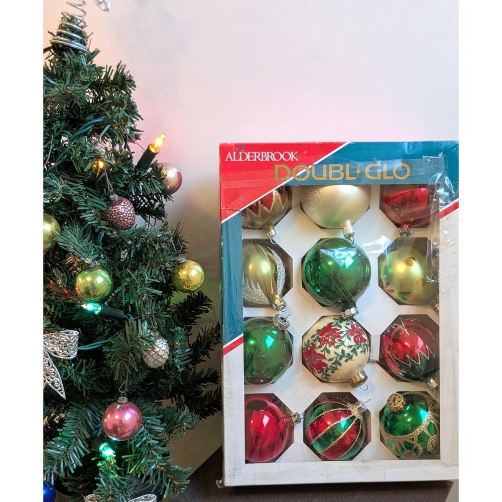 Curated Vintage Glass Christmas Ornament Set of 12 Boxed Red Green Gold
